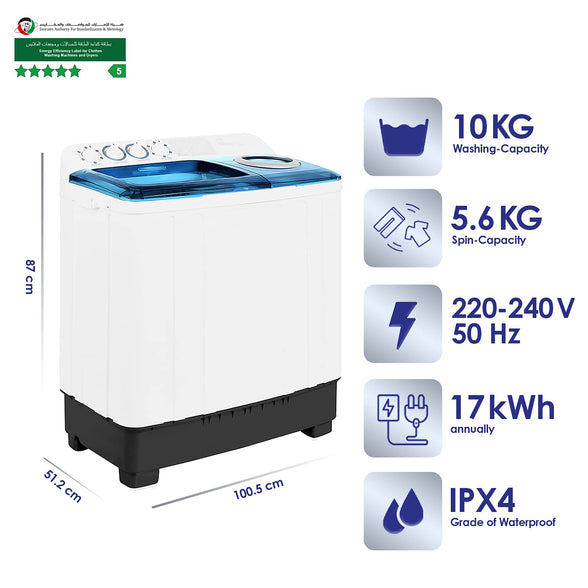 Super General 10 kg Twin-tub Semi-Automatic Washing Machine, White/Blue, efficient Top-Load Washer with Lint Filter, Spin-Dry, SGW-105, 87 x 51.2 x 100.5 cm, 1 Year Warranty