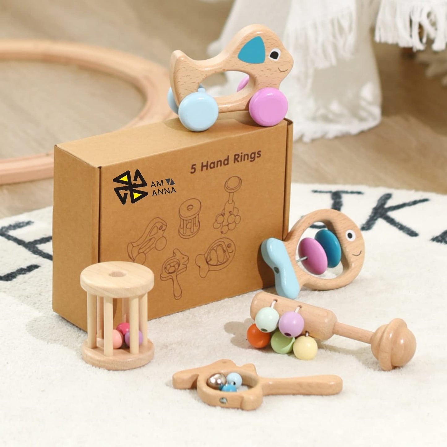 AM ANNA Wooden Rattle for Baby 0-6 months ,5 Pcs Wooden Baby Rattle Toy with Bells,Rolling Rattles,Montessori Wood Baby Dog for Newborns Infant Boys and Girls Gifts