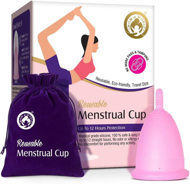 Mom & World Reusable Menstrual Cup For Women, 100% Medical Grade Silicone, Odor and Rash Free, No leakage (Large)