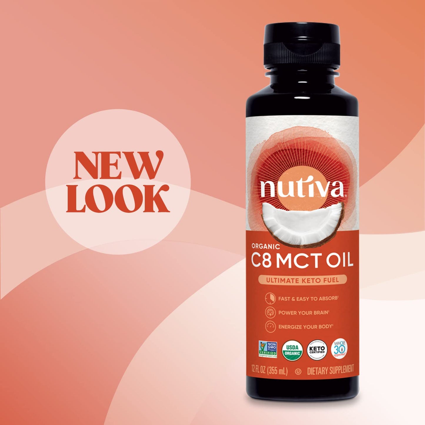Nutiva Organic C8 MCT Oil, Ultimate Keto Fuel from Non-GMO Coconuts, 14g MCT 12 Fl Oz, USDA Organic, Whole 30, Vegan & Gluten-Free, Energy Boost to Coffee, Shakes and Salads