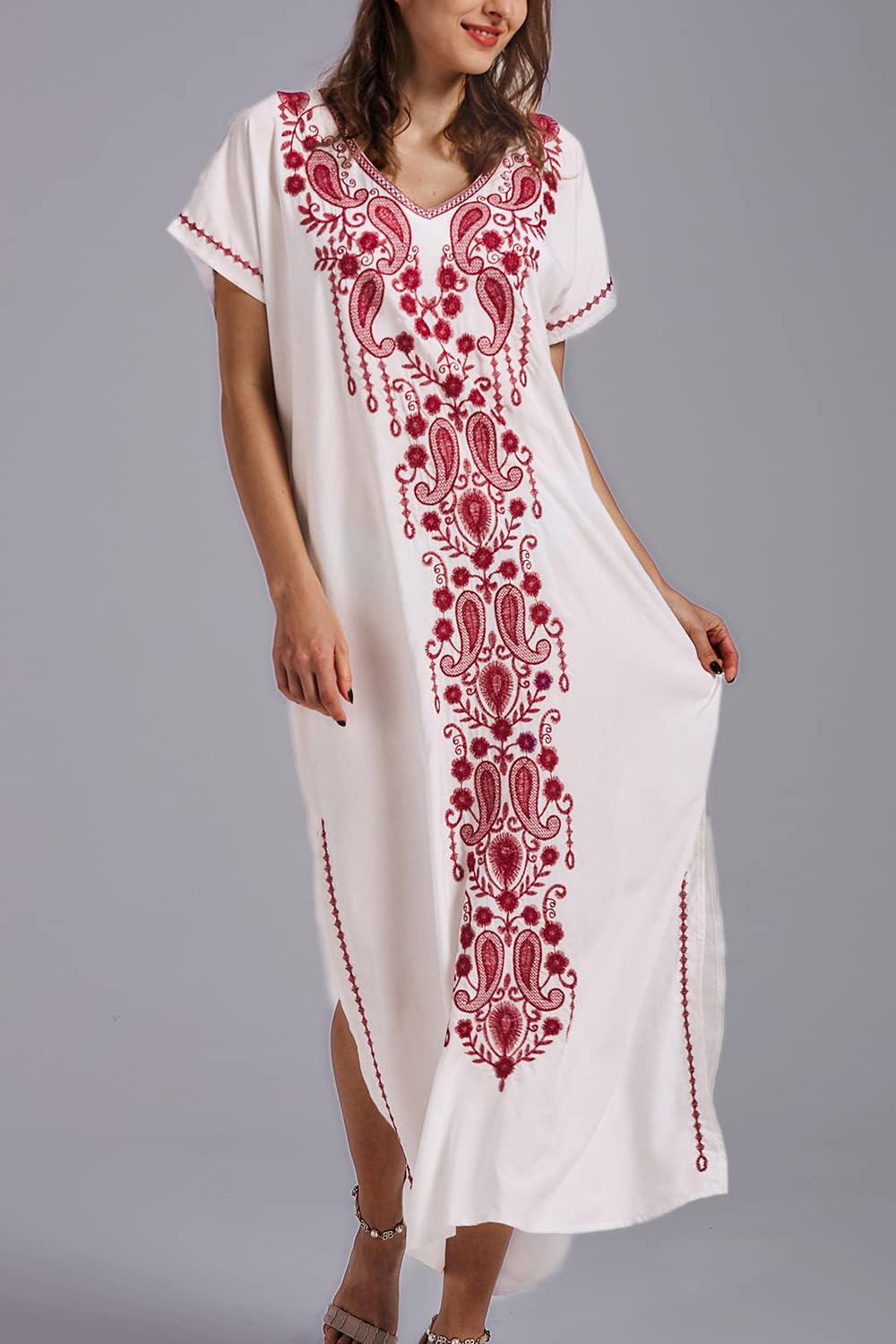 YouKD Embroidered Kaftan Dress Boho Beach Bikini Cover Up Robe Plus Size Loungewear for Women