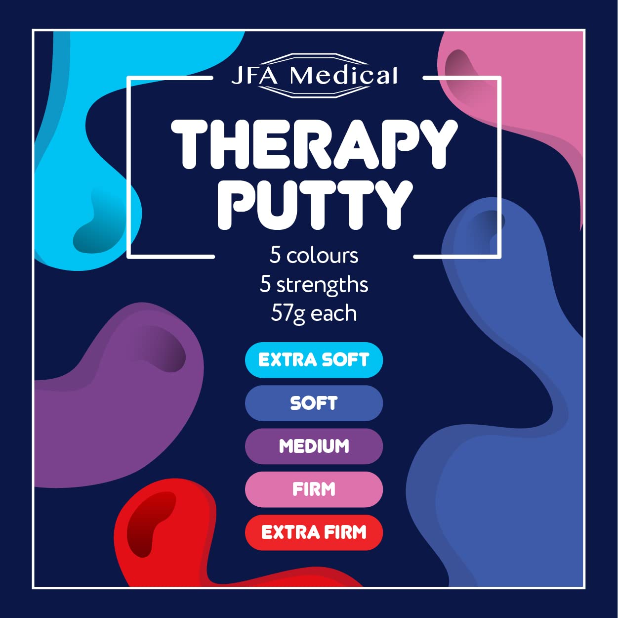 JFA Medical Therapy Exercise Putty 5 Strengths Alternative Colours - Extra Soft, Soft, Medium, Firm, Extra Firm 57g Tubs