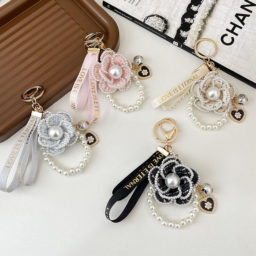 Goodern Camellia Pearl Pendant Keychain,Fashion Flower Keychain with Love Pendant Creative Camellia Ribbon Pearl Keychain Crafts Key Pendant Car Handbag Key Ring Decorations for Women Girl-White