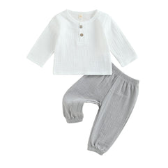 Baby Boy Girl Clothes Toddler Cotton Linen Outfit Muslin Long Sleeve T-Shirt Tops Pants Set 6-12M