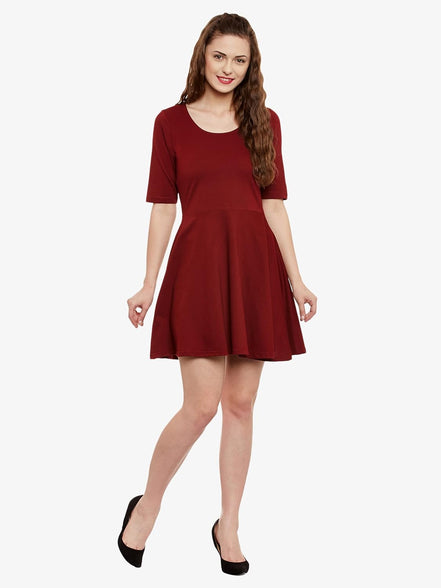 Miss OliveWomen's Solid Round Neck Half Sleeve Mini Skater Dress(MOSS17D07-54)