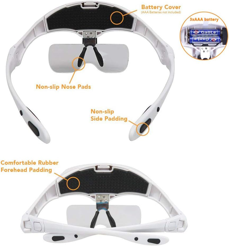 Go-Go Headband Magnifier Glasses LED Magnifying Loupe Head Mount Magnifier Handsâ€”Free Bracket and Headband are Interchangeable 5 Replaceable Lenses1.0X,1.5X,2.0X,2.5X,3.5X