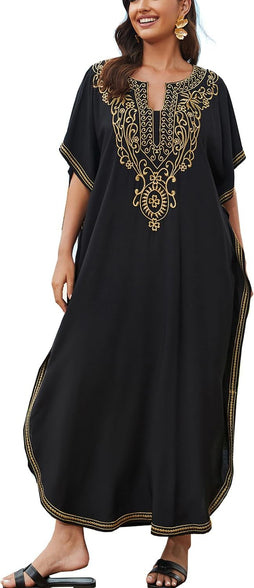 YouKD Embroidered Kaftan Dress Boho Beach Bikini Cover Up Robe Plus Size Loungewear for Women