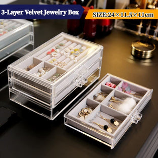 Acrylic Jewelry Box Organizer with 3 Drawers,Jewelry Organizer Velvet Jewelry Box Clear Jewelry Display Case for Women Earring Rings Bangle Bracelet and Necklace Holder Storage