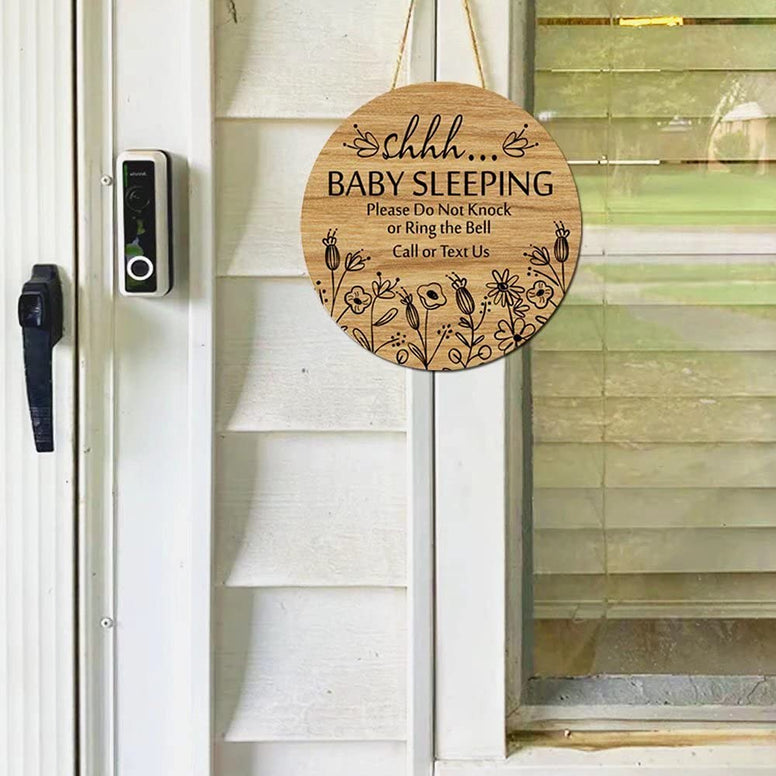 Shhh... Baby Sleeping Hanging Sign Plaque, Do Not Knock Or Ring The Bell, Round Rustic Wooden Door Hanger for Baby Room, Nursery, Kindergarten, Bedroom, Door Knob Door Bell Decor