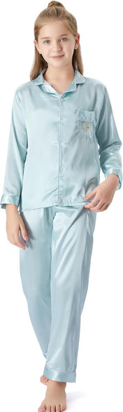 Satin Pajamas for Girls – Coat Style Unicorn Long Sleeve Silk Button Down PJ Set Size 6-16