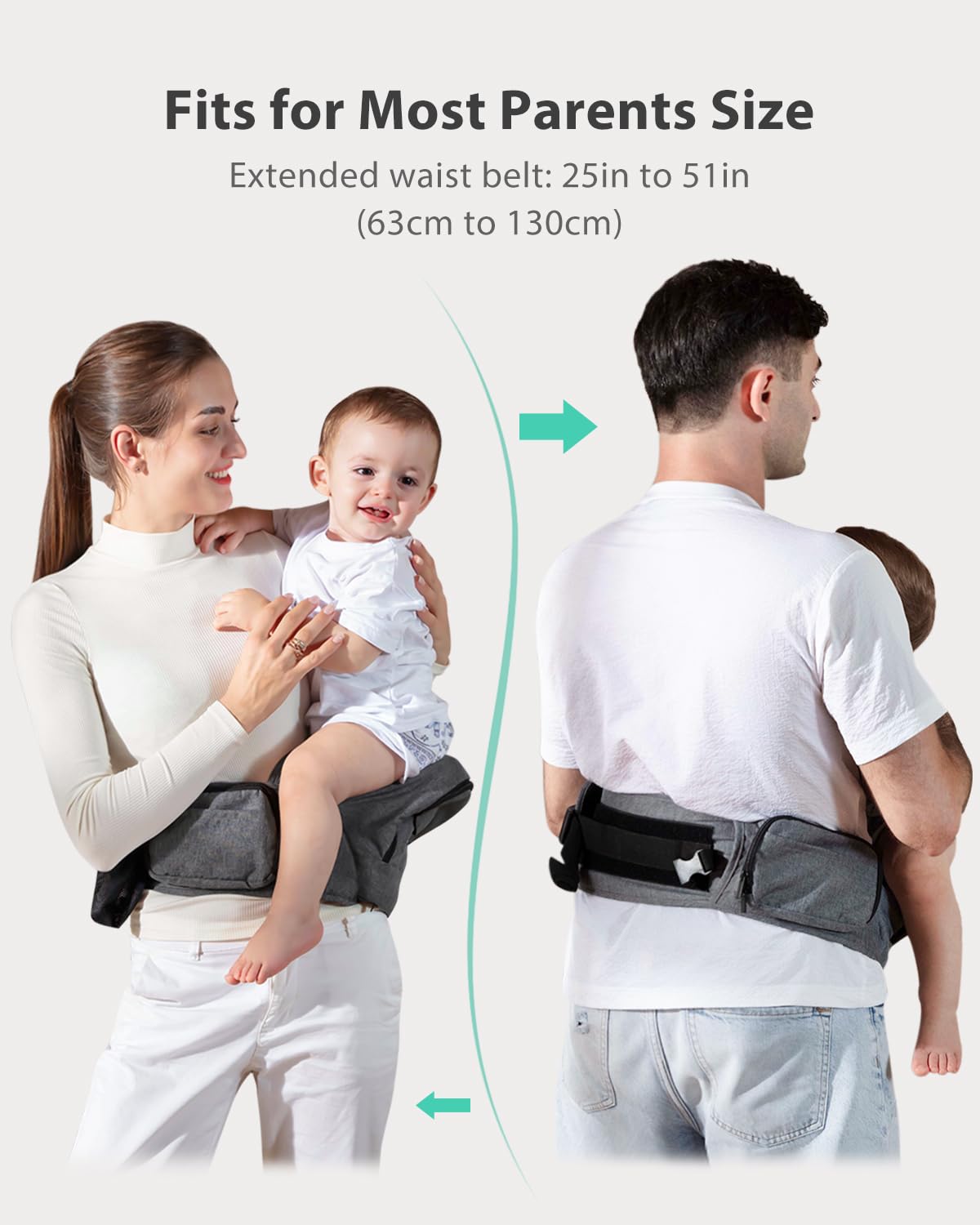 Baby Hip Seat Carrier, GROWNSY Ergonomic Hip Seat Baby Carrier with Multiple Pockets, Adjustable Extended Waistband for Newborns & Toddlers up to 50 lbs, Grey