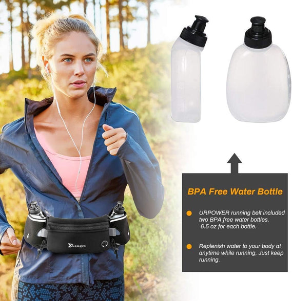 Number-one Running Belt with Water Bottles(2 x 175ML), Hydration Belt Waterproof Waist Pack Bag Fits iPhones Adjustable Sports Waist Pouch for Marathon Running Hiking Cycling, Black, M