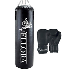 VELLORA Black Unfilled PU Leather Heavy Punch Bag 4 Feet Hanging Chain with Free Size Boxing Gloves for Men & Women Training Sparring Kickboxing UFC MMA Muay Thai Pro Punching Fight Bag Combo Set kit