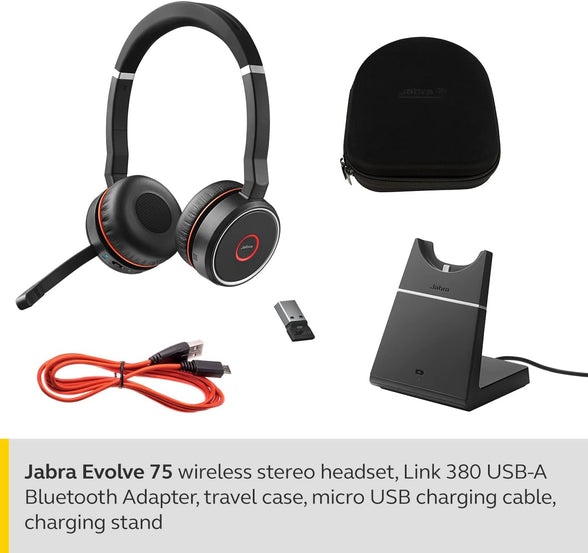 Jabra Evolve 75 UC Wireless Stereo On-Ear Headset - Unified Communications zertifizierte Kopfhörer mit langer Akkulaufzeit und Ladestation- USB Bluetooth Adapter - Schwarz