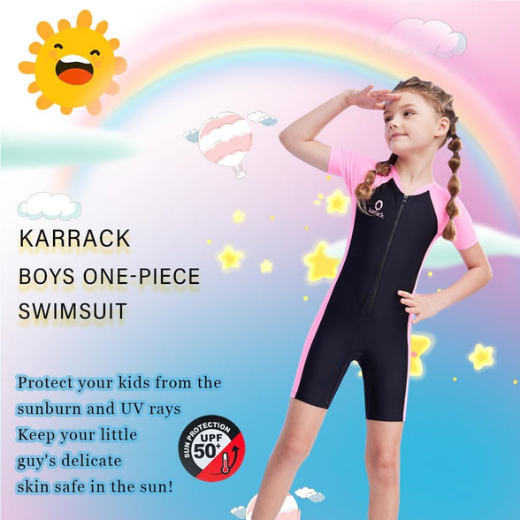 Karrack Girls and Boys One Piece Rash Guard Swimsuit Kid Water Sport Short Swimsuit UPF 50+ Sun Protection Bathing Suits