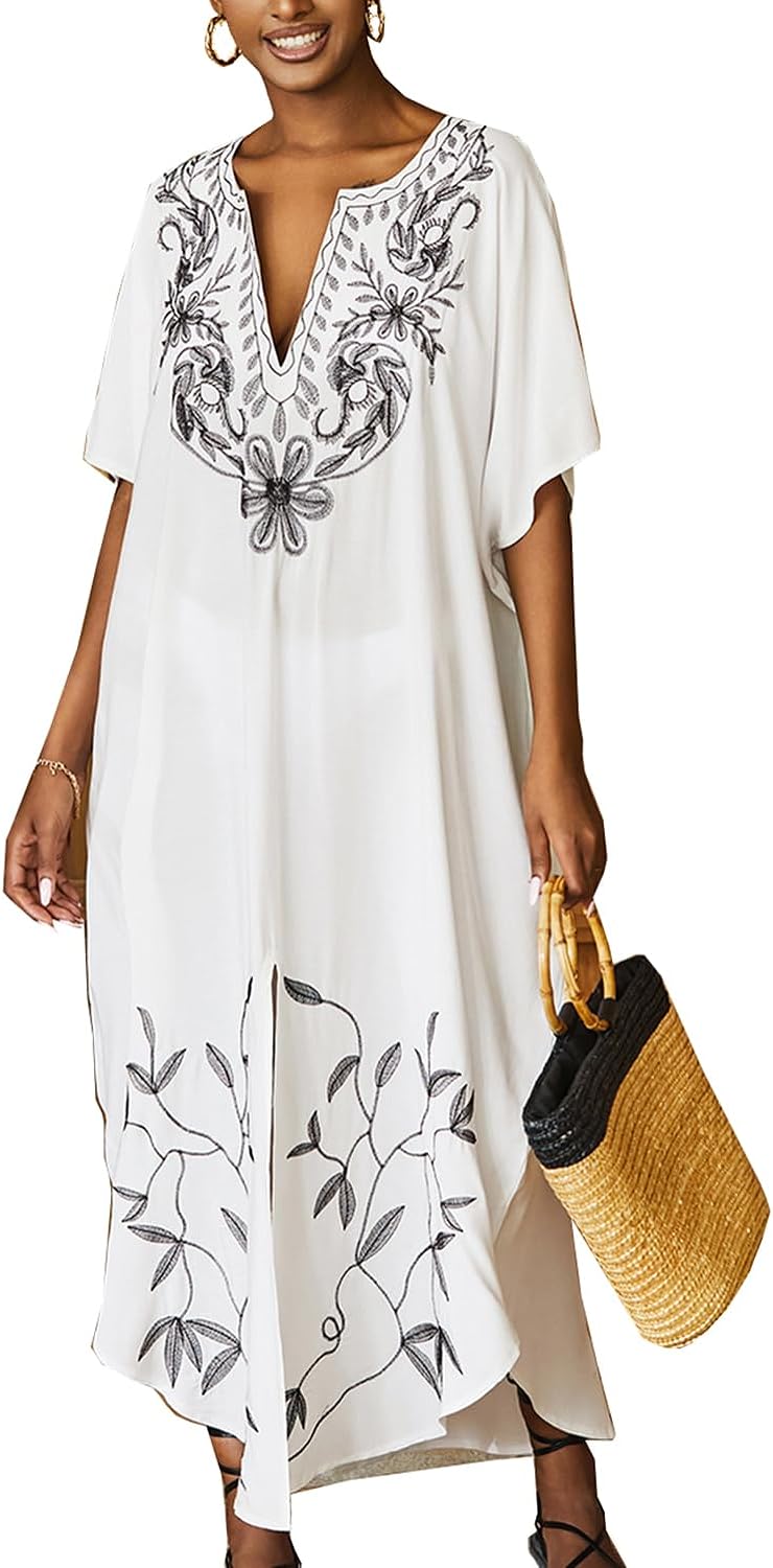 YouKD Embroidered Kaftan Dress Boho Beach Bikini Cover Up Robe Plus Size Loungewear for Women