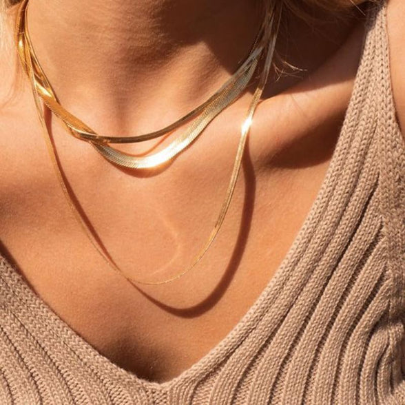 TUOKAY 18K Gold Herringbone Chain Necklace, 90s Fashion Hip Hop Flat Snake Chain for Women and Men School Rapper Kit Costume Accessory, Sparkling Faux Gold Chain Necklace. 24" 7mm