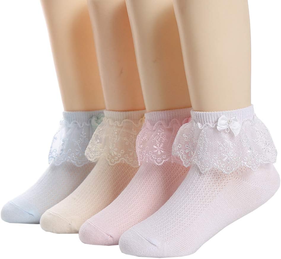 Xiyadun 4 Pack Toddler/Kids Girls Cotton Lace Socks Princess Dressy Socks(2-10T)