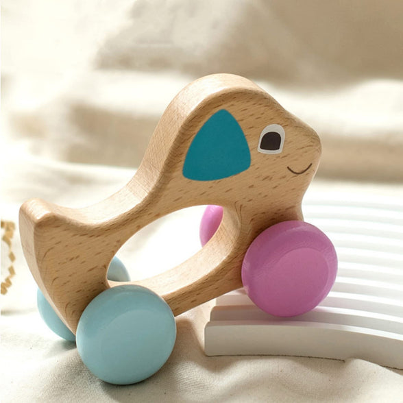 AM ANNA Wooden Rattle for Baby 0-6 months ,5 Pcs Wooden Baby Rattle Toy with Bells,Rolling Rattles,Montessori Wood Baby Dog for Newborns Infant Boys and Girls Gifts