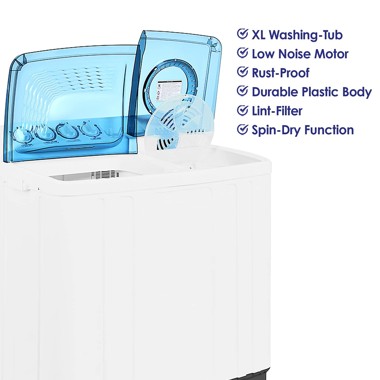 Super General 10 kg Twin-tub Semi-Automatic Washing Machine, White/Blue, efficient Top-Load Washer with Lint Filter, Spin-Dry, SGW-105, 87 x 51.2 x 100.5 cm, 1 Year Warranty