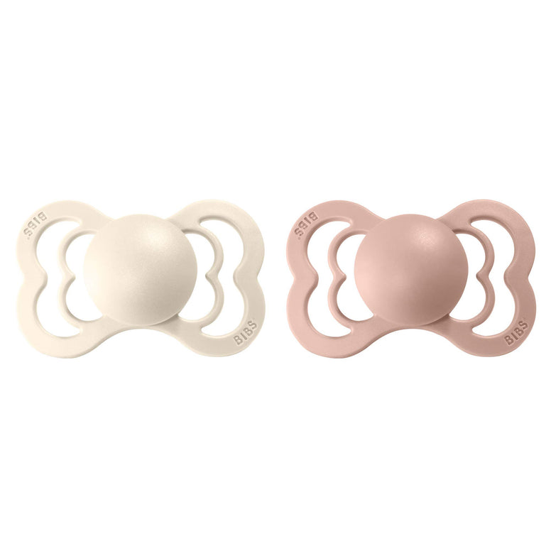 BIBS Supreme Baby Pacifier 2-Pack | Made in Denmark | BPA Free Dummy Soother, Symmetrical Silicone, Size 2 (6-18 Months), Ivory/Blush