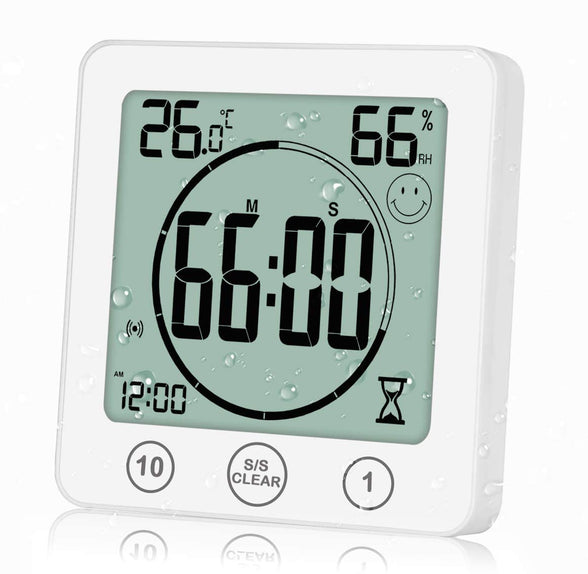 Bathroom Clock with Thermometer Hygrometer, Digital Temperature Humidity Meter Gauge Monitor Shower Timer with Alarm for Bathroom Kitchen（White）