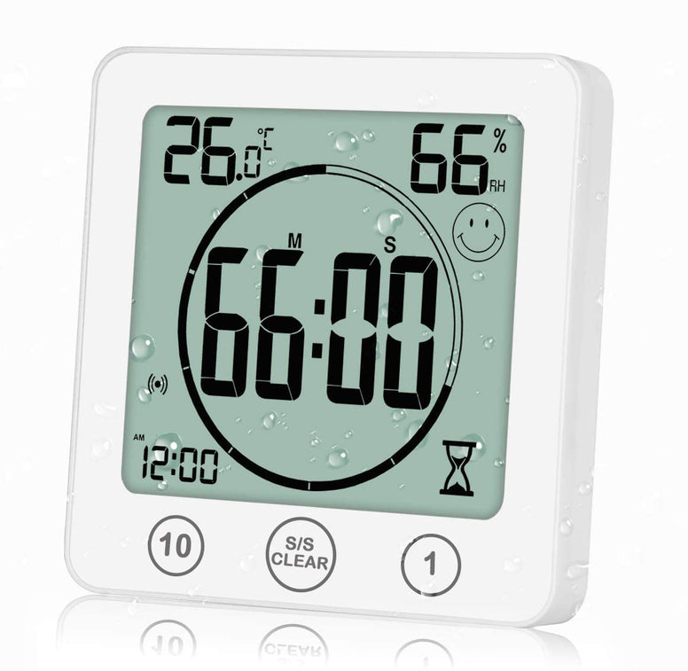 Bathroom Clock with Thermometer Hygrometer, Digital Temperature Humidity Meter Gauge Monitor Shower Timer with Alarm for Bathroom Kitchen（White）