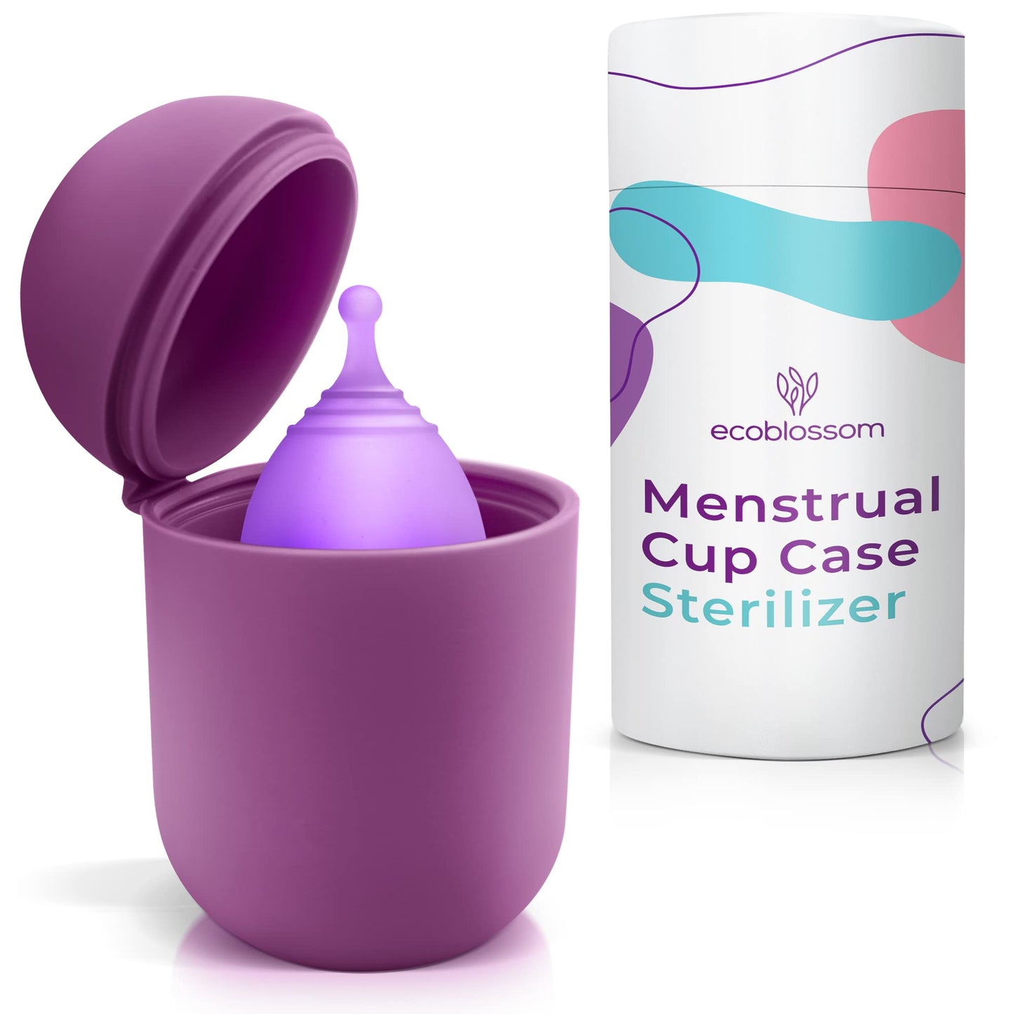 EcoBlossom Menstrual Cup Case and Sterilizer - Reusable Silicone Sterilizing Holder - Cleaner Period for You and Your Disc or Cup - Portable Cleaning Container & Microwave Steamer (Purple)