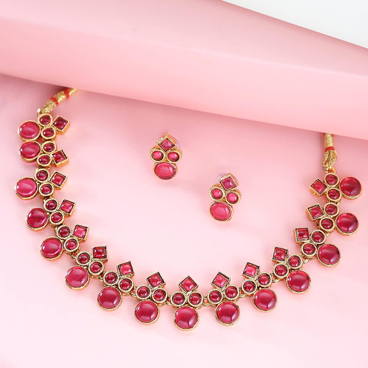 Yellow Chimes Jewellery Set For Women Studded Pink Stone Gold Plated Traditional Choker Necklace Set with Earrings For Women and Girls, Free, Metal, No Gemstone