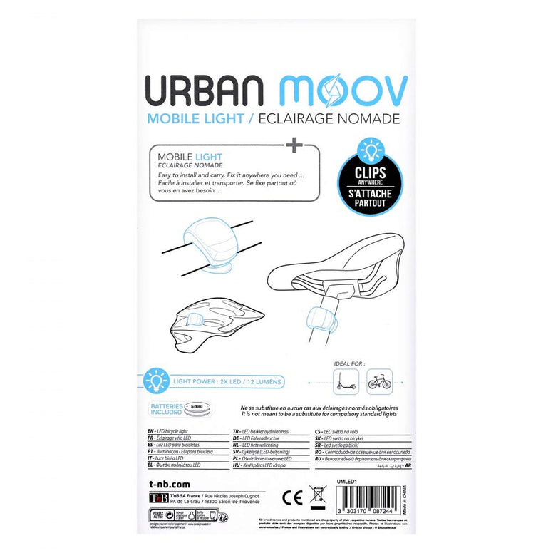 Urban Moov | Bike Led Light | Weather Resistant - 3 Lighting Modes: Continuous, 2 Blinking Speeds | 2Flashing Modes - 2Leds Powered By Cr2032 Batteries | For Bike And E-Scooter | Plastic | Black-White