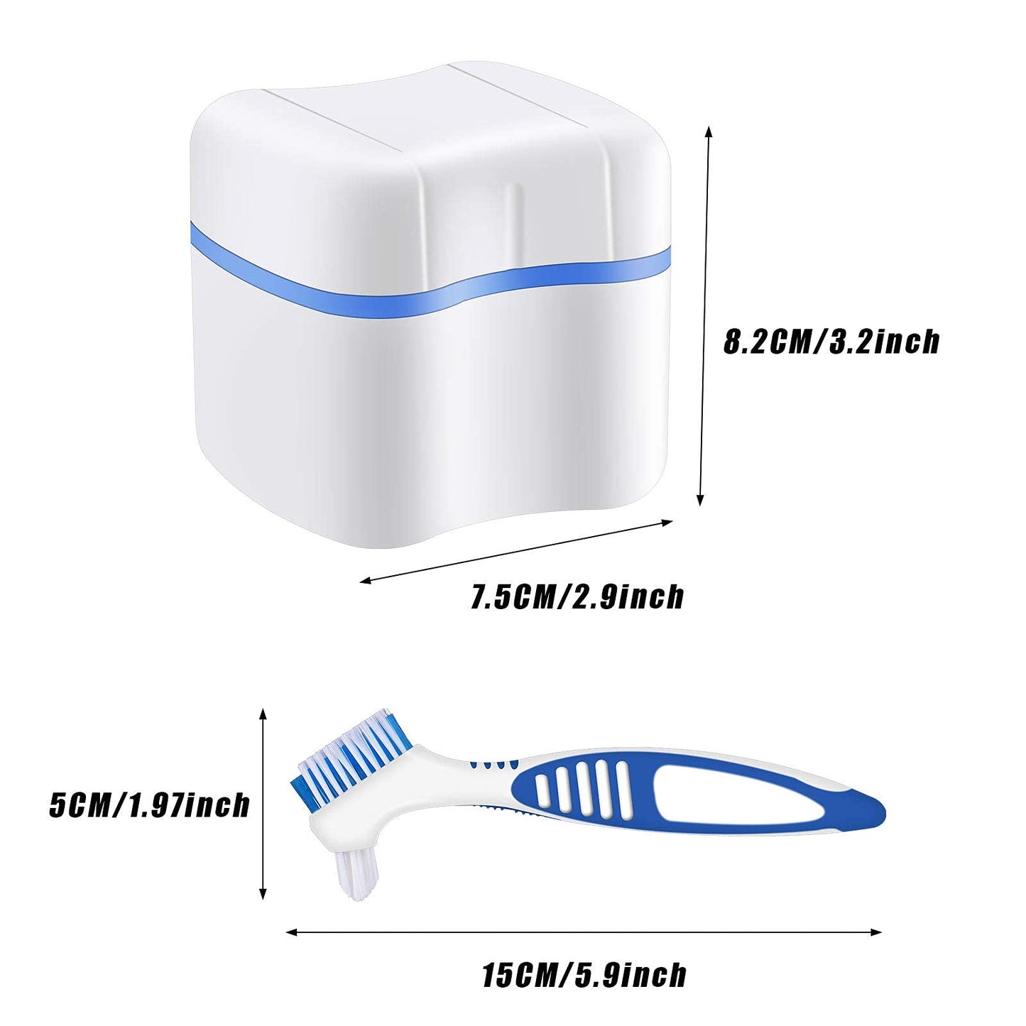 Denture Cleaner Box and Brush Set, 2 Pack Denture Bath Cases Denture Cups with 2 Pack Denture Cleaner Brushes with Denture Cleaner Brush Strainer Basket for Travel Cleaning