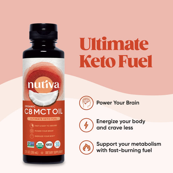 Nutiva Organic C8 MCT Oil, Ultimate Keto Fuel from Non-GMO Coconuts, 14g MCT 12 Fl Oz, USDA Organic, Whole 30, Vegan & Gluten-Free, Energy Boost to Coffee, Shakes and Salads