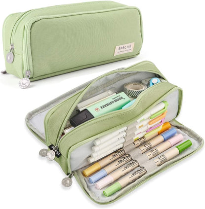 iSuperb Large Pencil Case 3 Compartments Pencil Pouch Big Capacity Pencil Bag Oxford Stationery Storage Pen Bag Cosmetic Makeup Pouch for Women (Green)