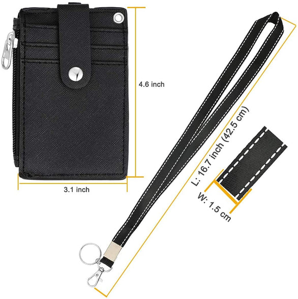 Badge Holder with Zipper, DELFINO Cute Id Badge Holder Wallet Leather Credit Card Holder Zipper Wallet with Lanyard, 2 Sided 5 Card Slots and Key Chain for Boys and Girls, Men and Women, Office Staff