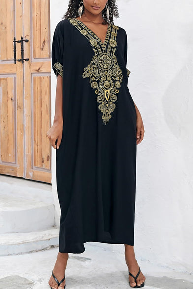 YouKD Embroidered Kaftan Dress Boho Beach Bikini Cover Up Robe Plus Size Loungewear for Women