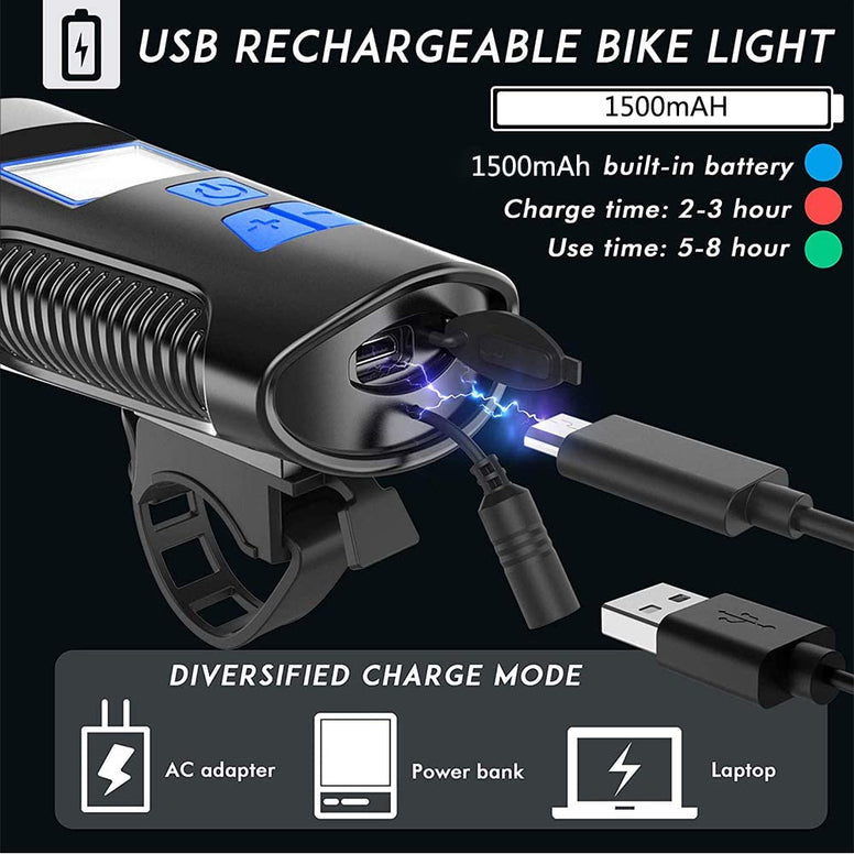 BIKUUL Bicycle Light Set with Horn and Speedometer, USB Rechargeable LED Bike Front Light & Tail Light,IPX5 Waterproof,4 Lighting Modes Super Bright,Fits All Mountain & Road Bike