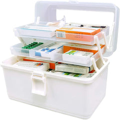 Plastic Medical Storage Containers Medicine Box Organizer Home Emergencies First Aid Kit Pill Case 3-Tier with Compartments and Handle (White)