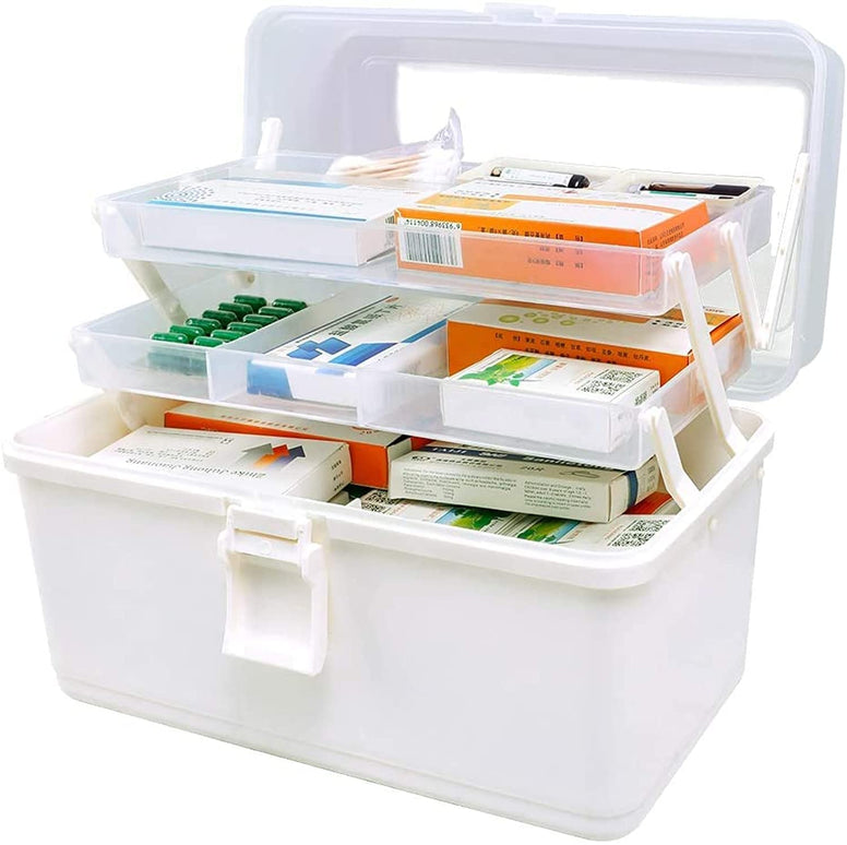 Plastic Medical Storage Containers Medicine Box Organizer Home Emergencies First Aid Kit Pill Case 3-Tier with Compartments and Handle (White)