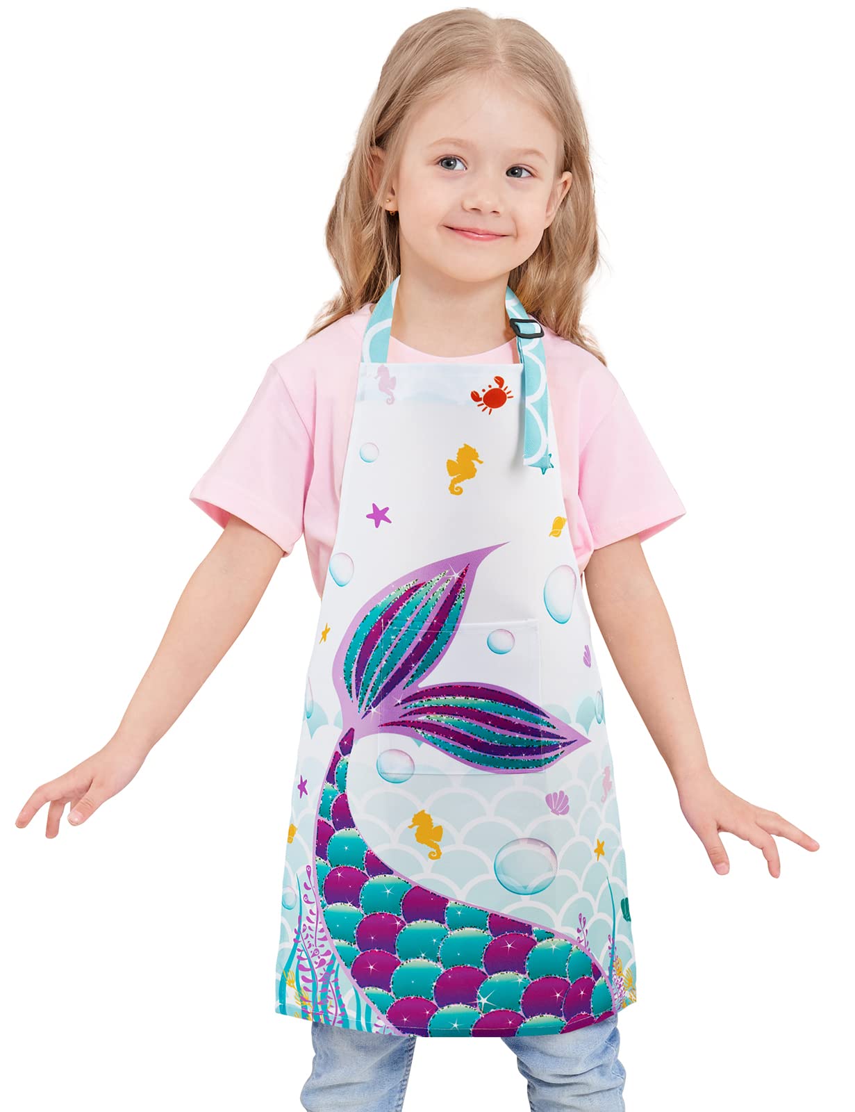 Mermaid Apron for Kids Girls Apron with Pocket Adjustable Strap