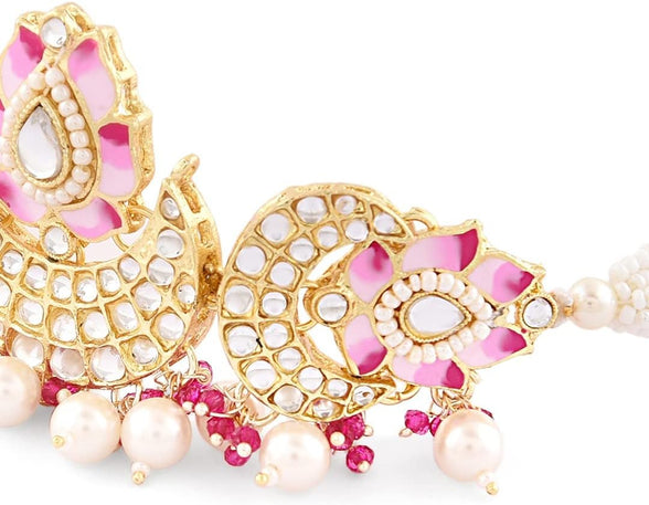 Zaveri Pearls Pink Meenakari لوتس ديزاين كريسنت كوندان والخرز قلادة قلادة وحلقة مجموعة للنساء ZPFK14720