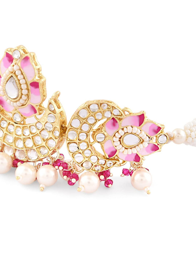 Zaveri Pearls Pink Meenakari Lotus Design Crescent Kundan & Beads Choker Necklace Earring & Ring Set For Women-ZPFK14720