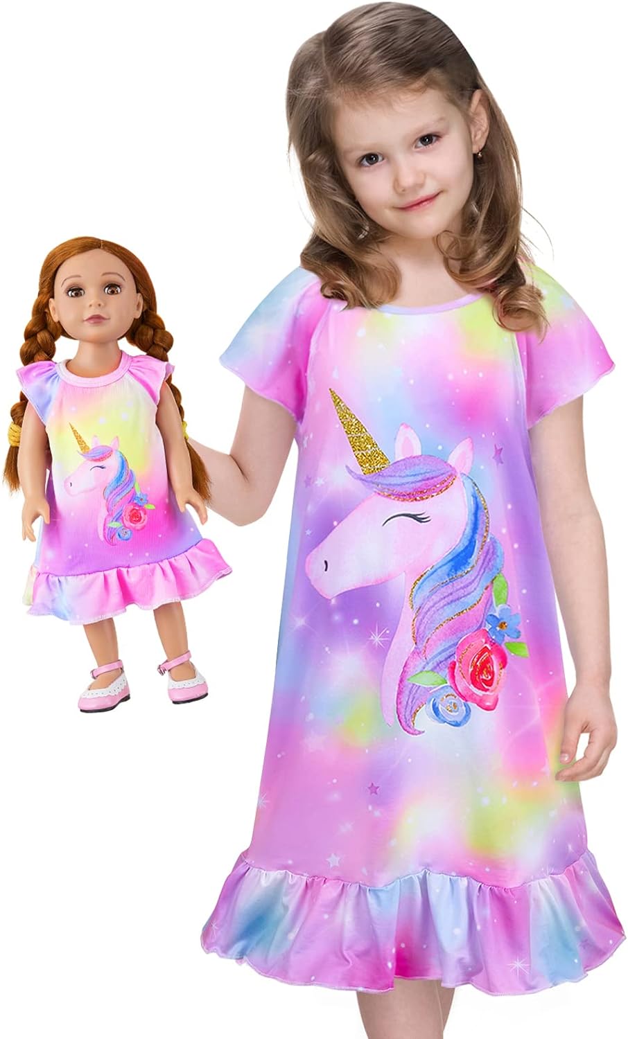 ICOSY Matching Girls & Doll Nightgowns Clothes Unicorn Pajamas Sleepwear Outfit for Girls and American 18" Girl Doll