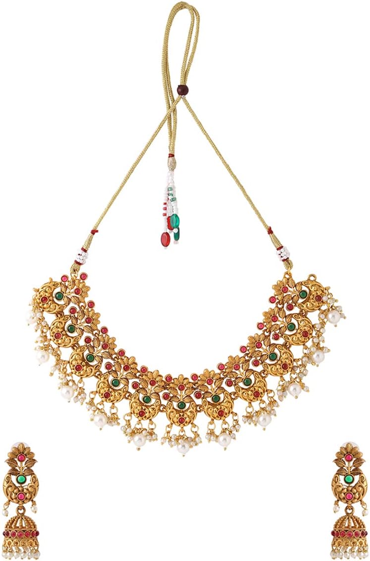 Yellow Chimes Jewellery Set For Women Gold Plated Pink and Green Stone Studded Pearl Beads Hanging Floral Designed Choker Necklace Set For Women and Girls, Free, Metal, No Gemstone