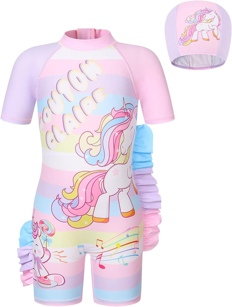 WonderBabe Unicorn/Flamingos Girls UV Swimsuit Kids Sun Protection Swimming Costume One Piece Round-Neck Swimwear Rash Guard Bathing Suit Surfing Sunsuit 1-8 Years