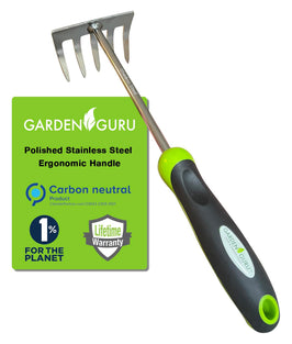 Garden Guru Stainless Steel Hand Rake Cultivator Tiller Tool - Stainless Steel for Ultimate Strength - Rust Resistant - Ergonomic Handle - Great for Gardening Cultivating Loosening Weeding Mulching