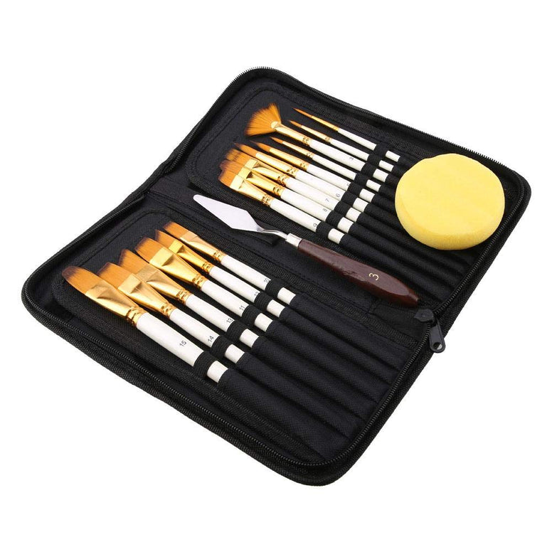 17Pcs Artist Paint Brush Set with Carrying Black Case Paint Knife Sponge for Watercolor Brush Oil Acrylic Drawing Painting