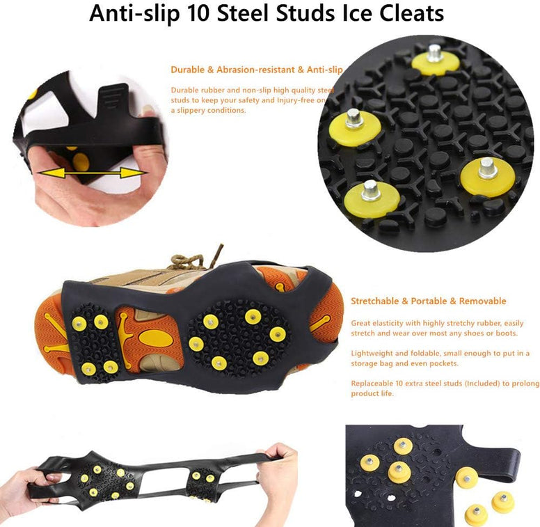 Aerexier Ice Cleats Snow Grips - Anti-Slip Crampons Traction Cleats Ice & Snow Grippers 10 Steel Studs for Women Men Kids’ Shoes and Boots (Extra 10 Studs)