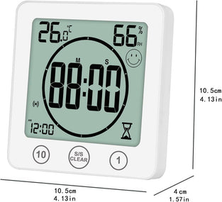 Bathroom Clock with Thermometer Hygrometer, Digital Temperature Humidity Meter Gauge Monitor Shower Timer with Alarm for Bathroom Kitchen（White）