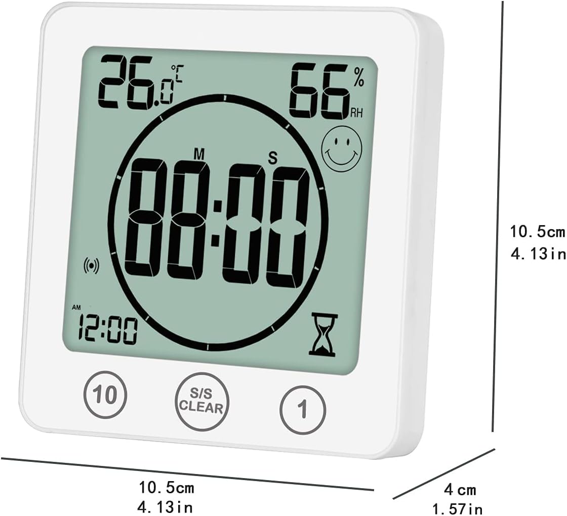 Bathroom Clock with Thermometer Hygrometer, Digital Temperature Humidity Meter Gauge Monitor Shower Timer with Alarm for Bathroom Kitchen（White）