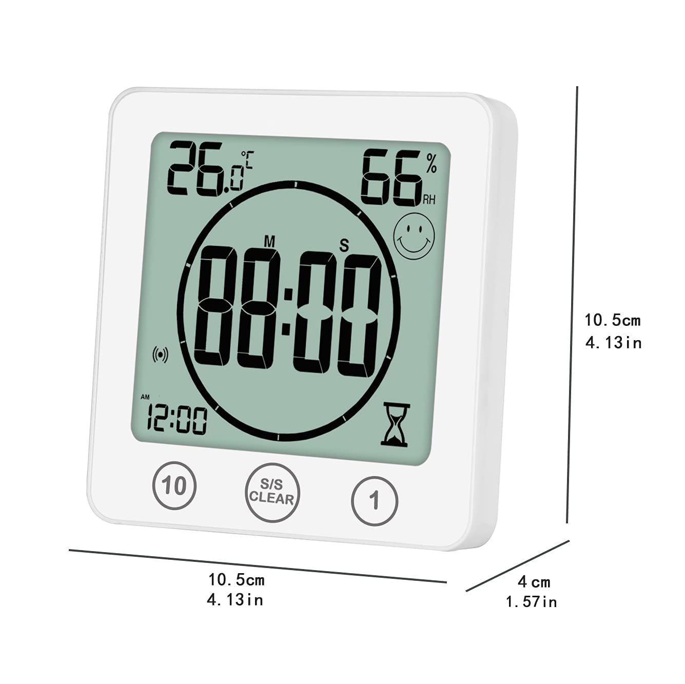 Bathroom Clock with Thermometer Hygrometer, Digital Temperature Humidity Meter Gauge Monitor Shower Timer with Alarm for Bathroom Kitchen（White）